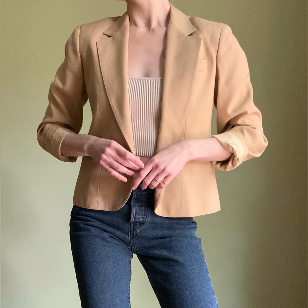Cropped Vintage Blazer, Simple Beige Camel Colored Jacket